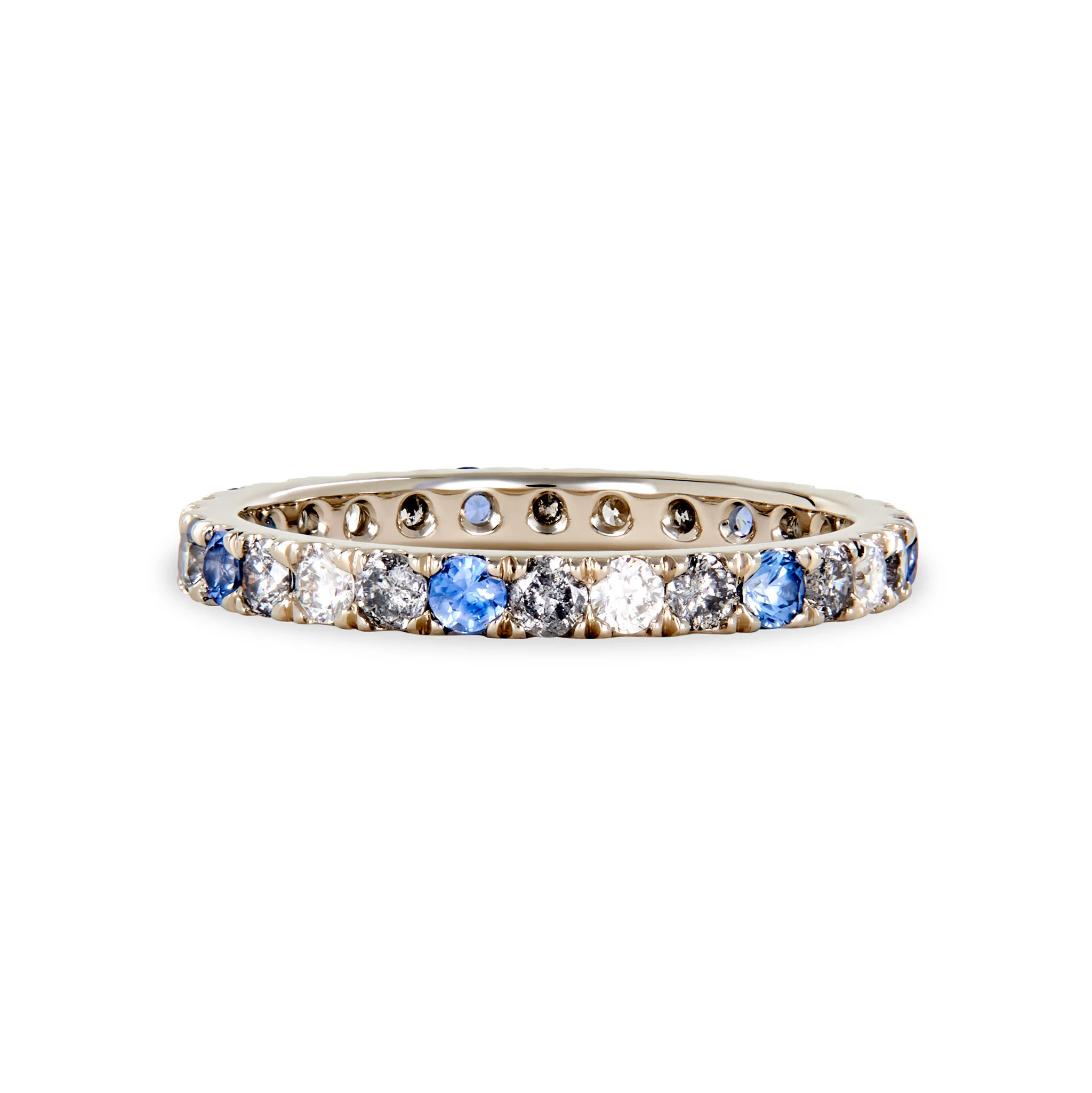 denim pattern ring, blue sapphire, eternity ring, wedding band, diamonds, grey diamonds, recycled gold, gold, fine jewelry, handmade jewelry, Elliot Gaskin, jewelry, New York City