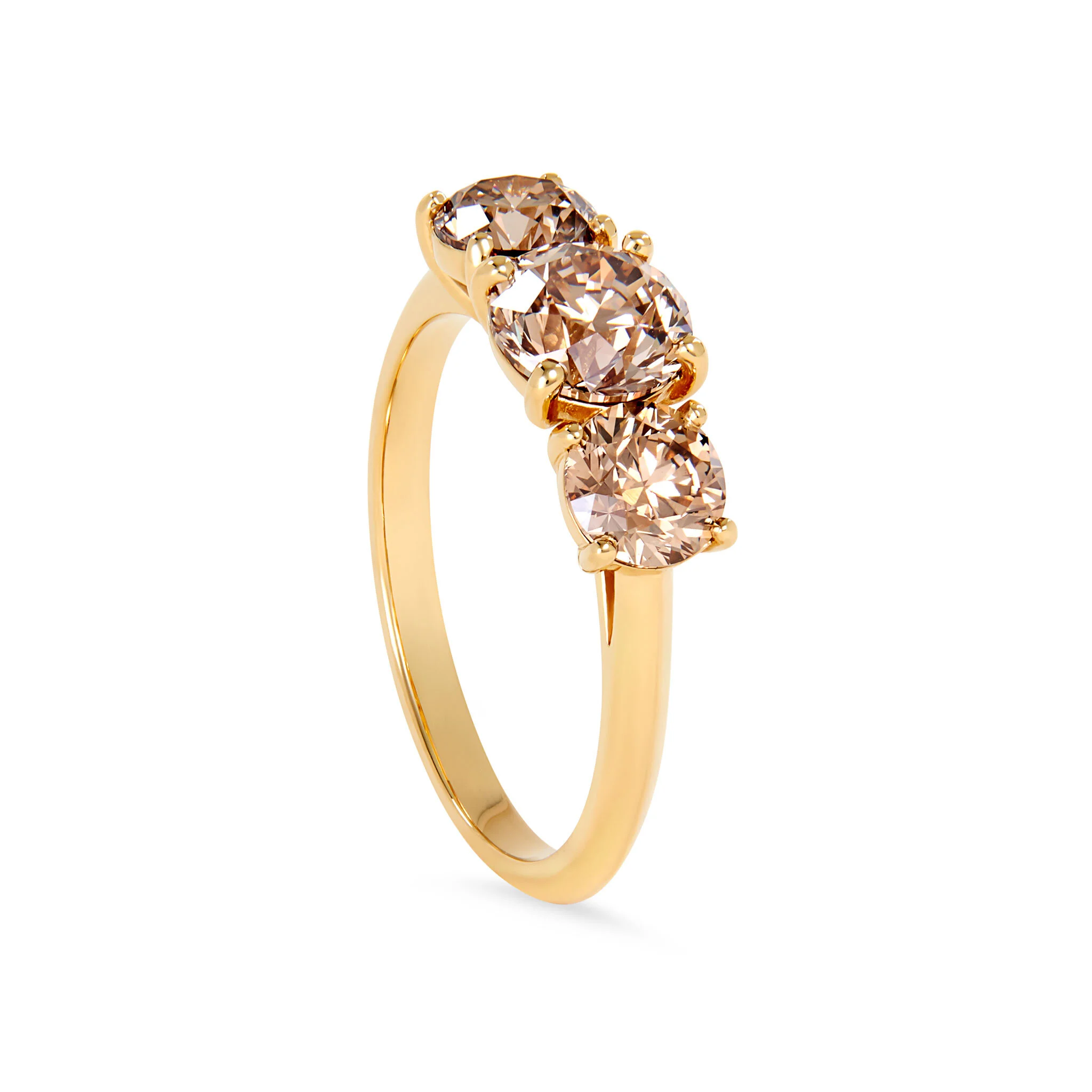 trilogy champagne diamond ring, champagne diamonds, 3 stone ring, gold, recycled gold, diamonds, engagement ring, Elliot Gaskin, jewelry, fine jewelry, handmade jewelry, New York City