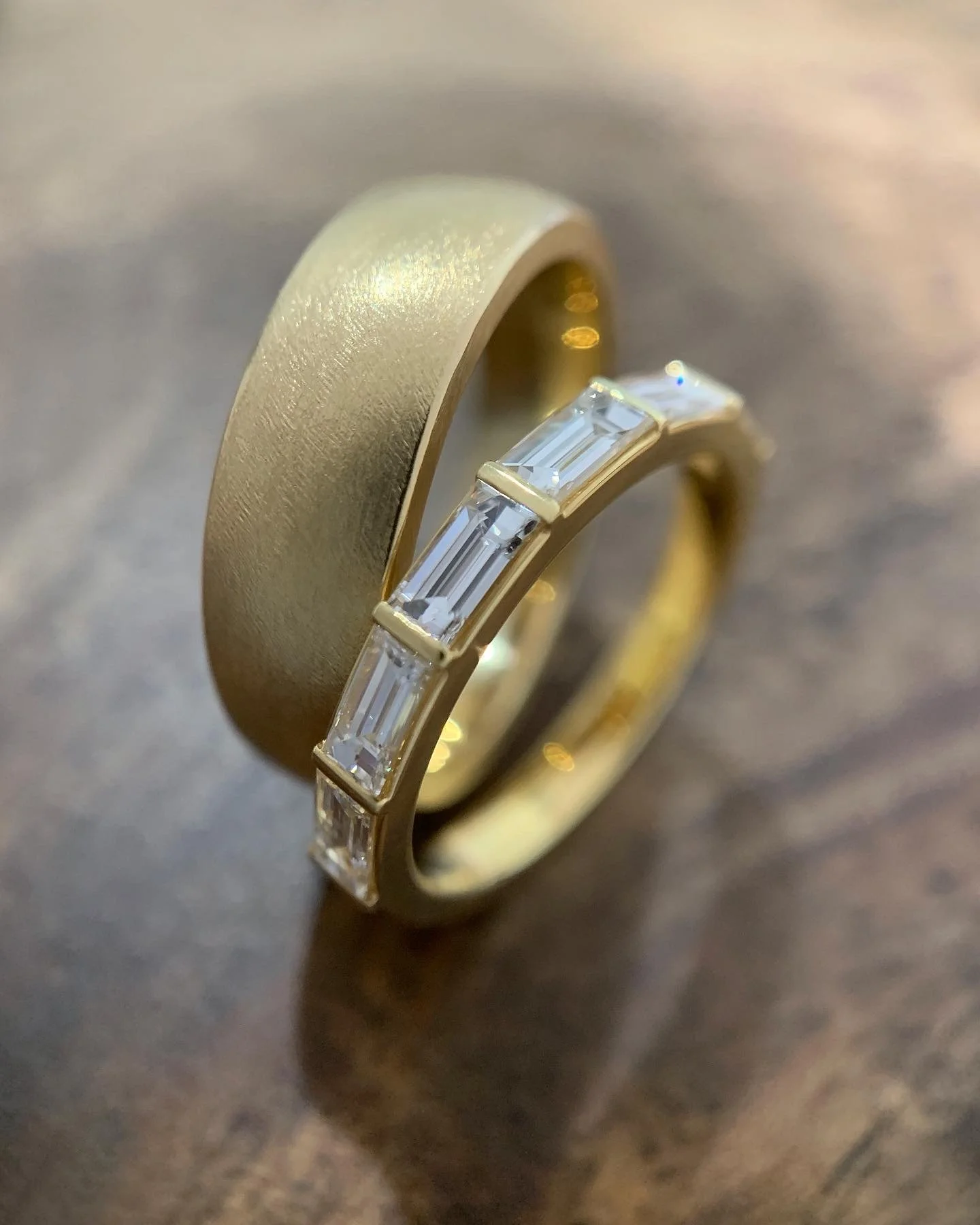 Luxe baguette diamond ring, baguette ring, half eternity, baguette diamonds, gold, recycled gold, fine jewelry, handmade jewelry, wedding band, Elliot Gaskin, jewelry, New York City