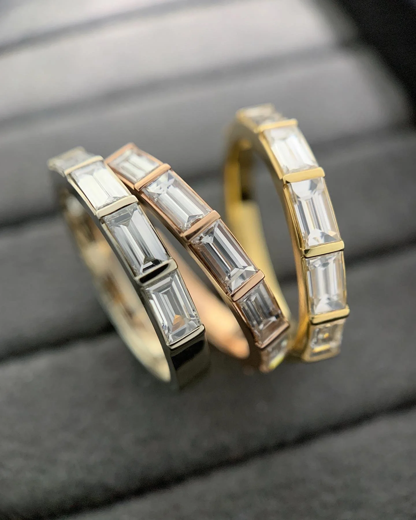 Luxe baguette diamond ring, baguette ring, half eternity, baguette diamonds, gold, recycled gold, fine jewelry, handmade jewelry, wedding band, Elliot Gaskin, jewelry, New York City