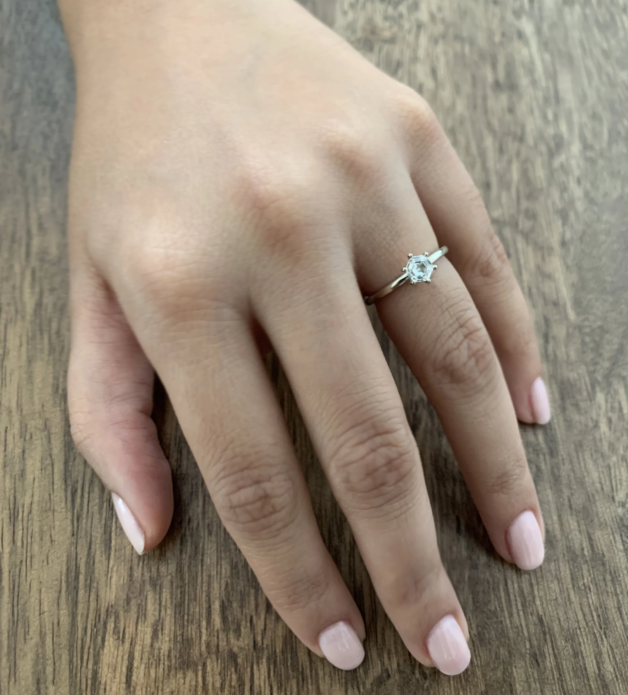 petite hexagon diamond solitaire, hexagon diamond, solitaire, step cut diamond, engagement ring, gold, recycled gold, fine jewelry, handmade jewelry, Elliot Gaskin, New York City, jewelry