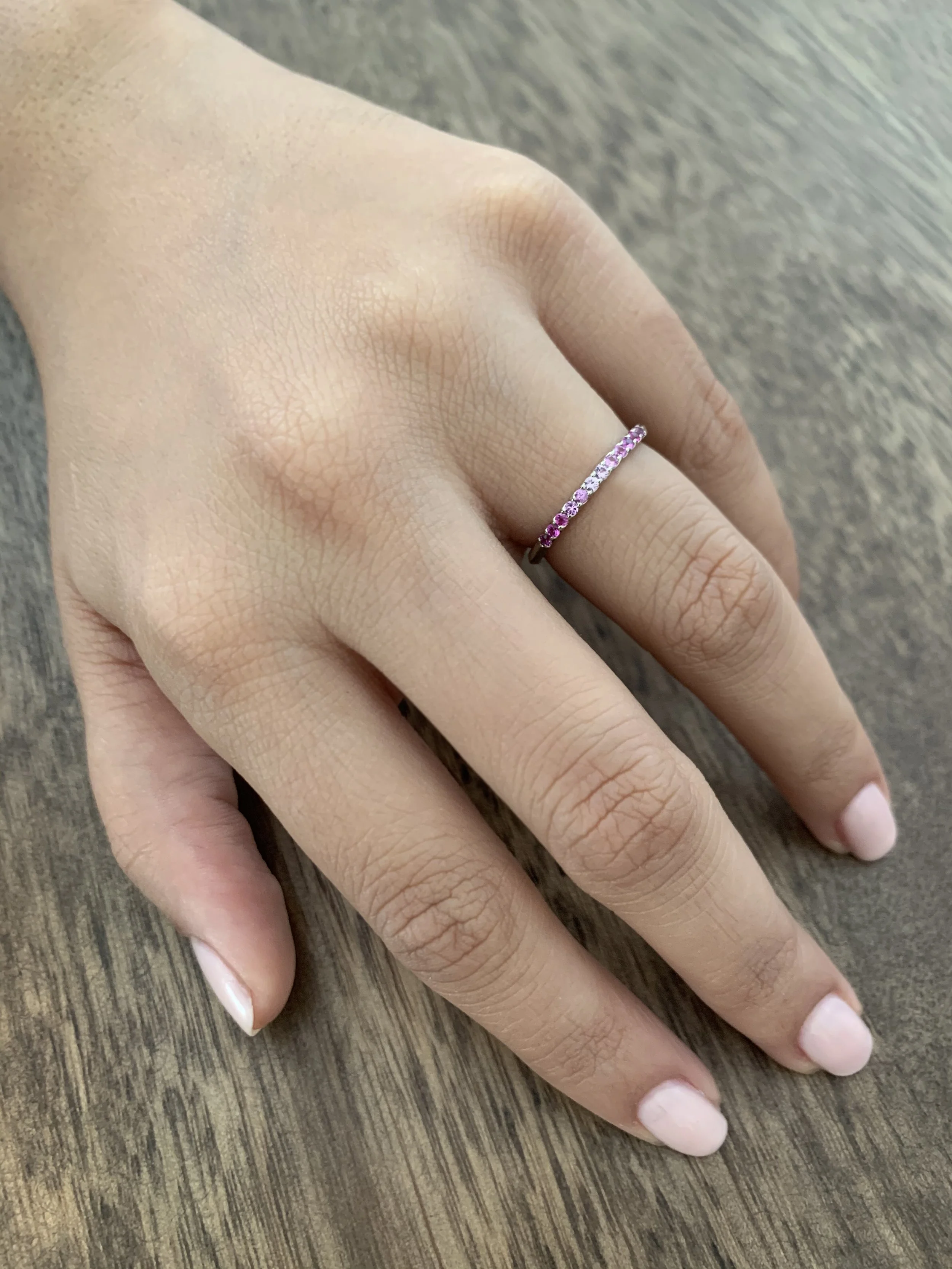 pink sapphire ombre ring, pink sapphires, ombre, 1/3 eternity, sapphires, gold, recycled gold, fine jewelry, handmade jewelry, Elliot Gaskin, New York City, jewelry