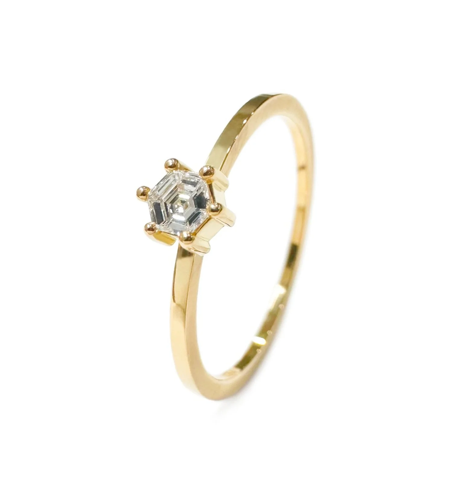 hexagon ring, hexagon diamond, hexagon jewelry, hexagon, elliot gaskin, limited edition ring, fine jewelry, new york city, handmade, step-cut diamond, gold, recycled gold