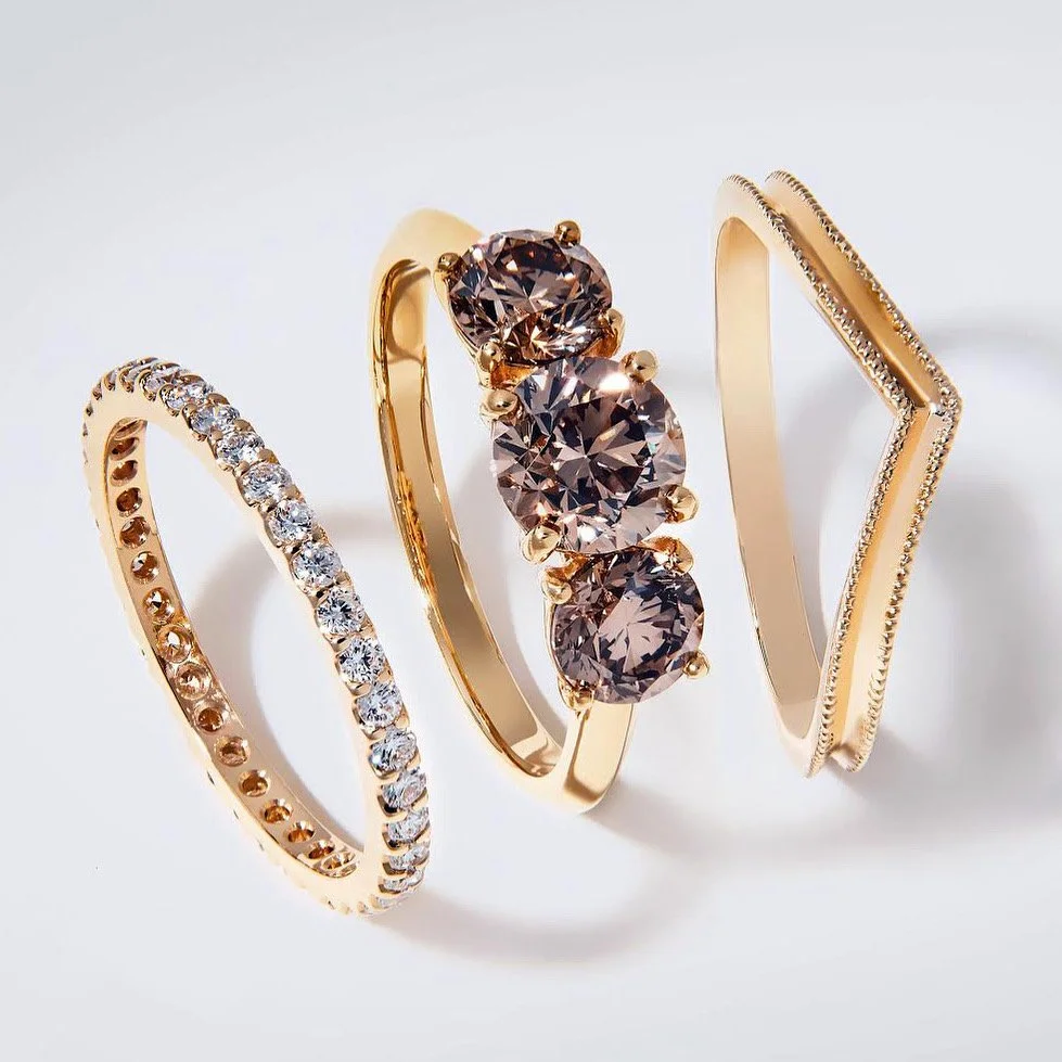 trilogy champagne diamond ring, champagne diamonds, 3 stone ring, gold, recycled gold, diamonds, engagement ring, Elliot Gaskin, jewelry, fine jewelry, handmade jewelry, New York City