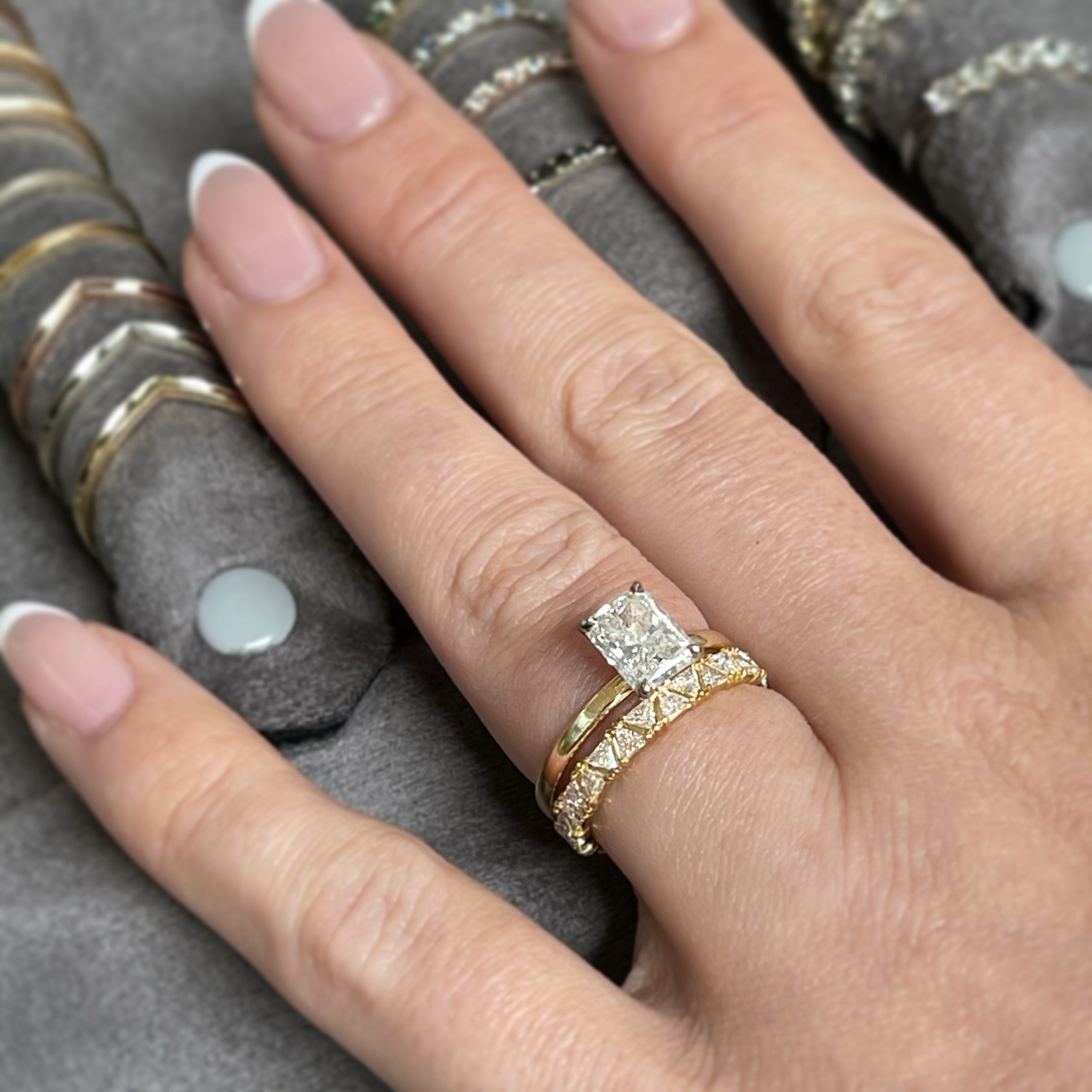 trifecta harmony ring, triangle diamonds, trillion diamonds, gold, diamond, wedding band, handmade, ethically sourced diamonds, recycled gold, fine jewelry, Elliot Gaskin Jewelry, New York City