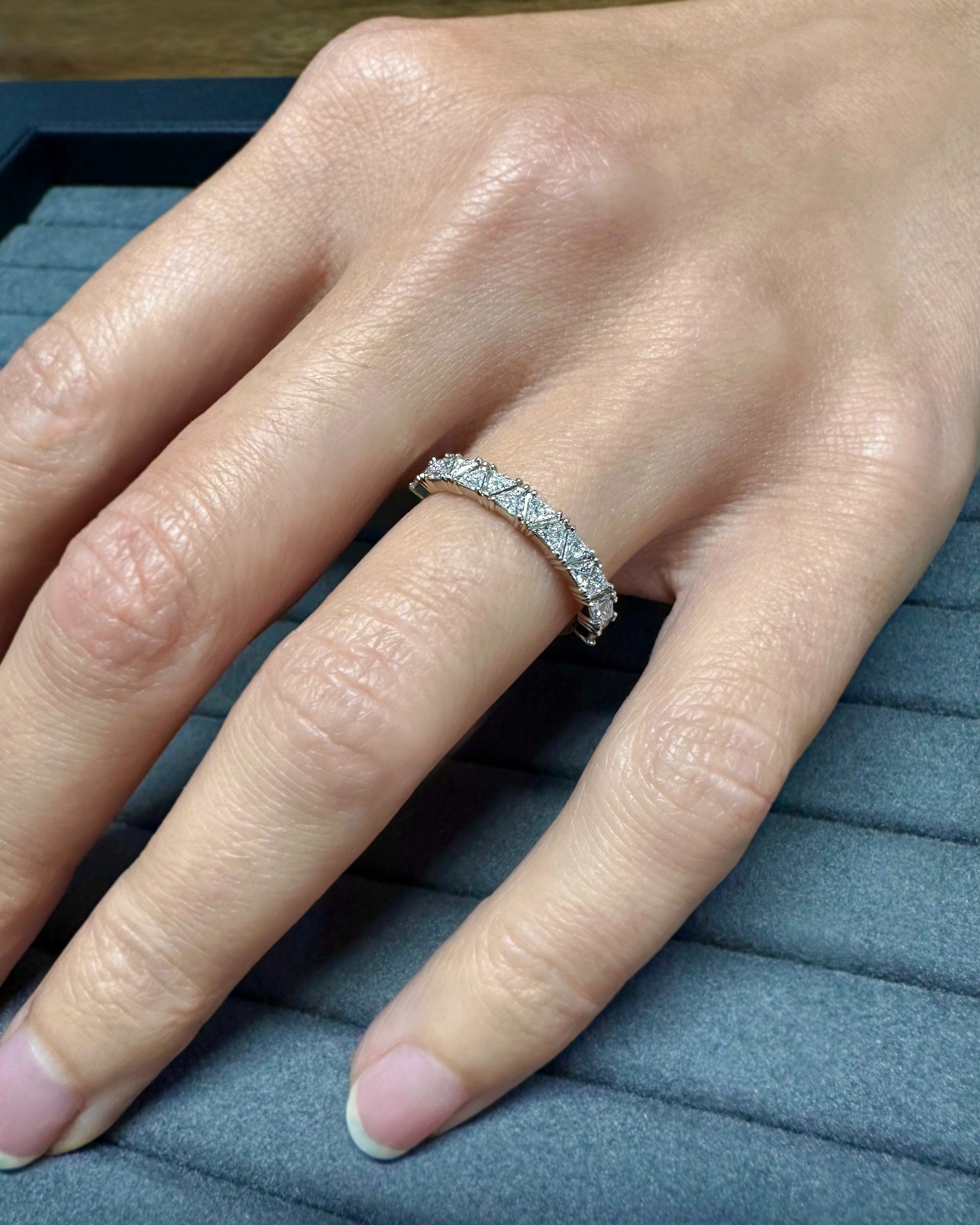 trifecta harmony ring, triangle diamonds, trillion diamonds, gold, diamond, wedding band, handmade, ethically sourced diamonds, recycled gold, fine jewelry, Elliot Gaskin Jewelry, New York City