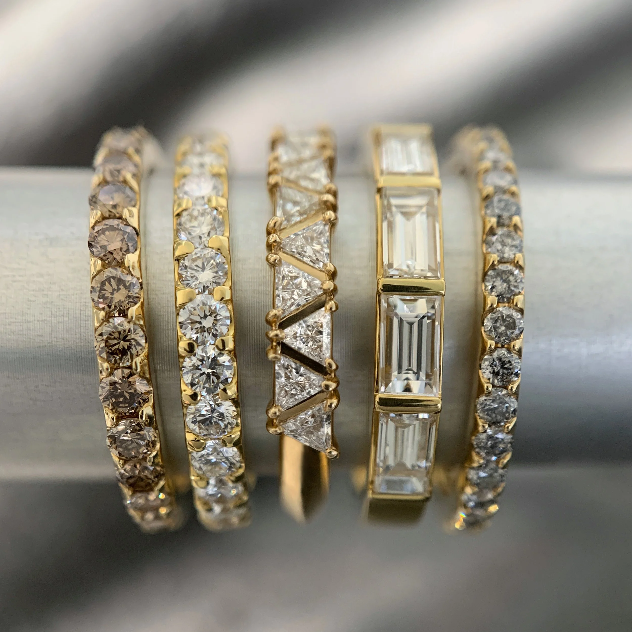 trifecta harmony ring, triangle diamonds, trillion diamonds, gold, diamond, wedding band, handmade, ethically sourced diamonds, recycled gold, fine jewelry, Elliot Gaskin Jewelry, New York City