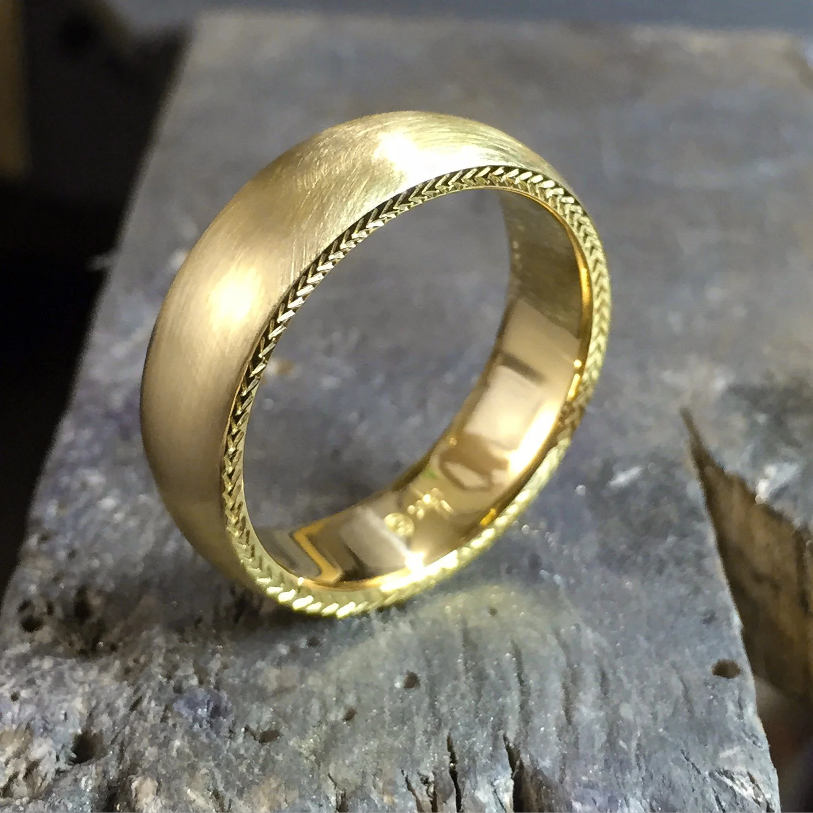 chevron engraved band, wide band, hand engraved, hand engraved band, dome band, gold, recycled gold, matte finish, wedding band, fine jewelry, handmade, Elliot Gaskin, New York City, jewelry