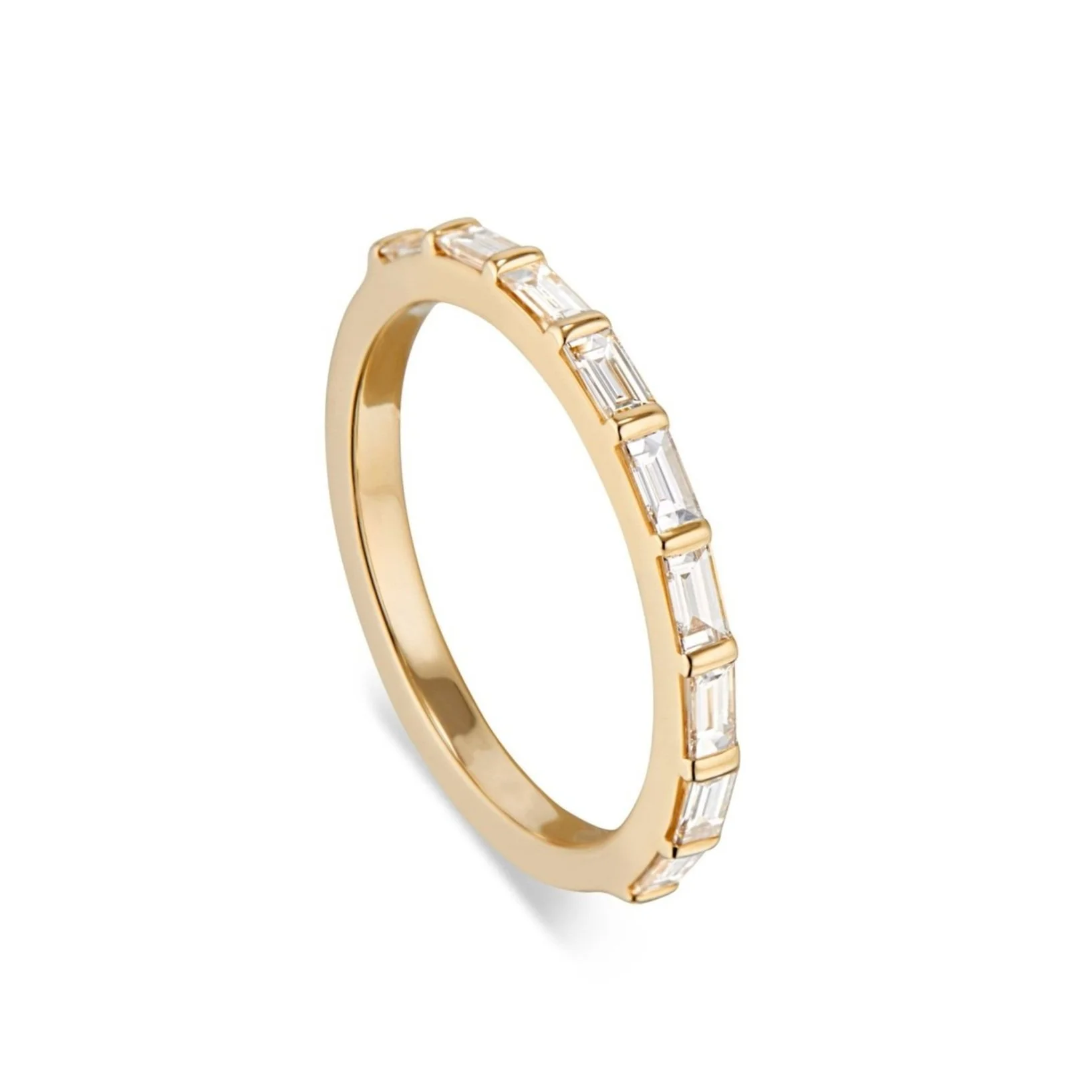 1/2 eternity baguette ring, half eternity, baguette diamonds, diamonds, gold, recycled gold, wedding band, fine jewelry, handmade jewelry, Elliot Gaskin, jewelry, New York City