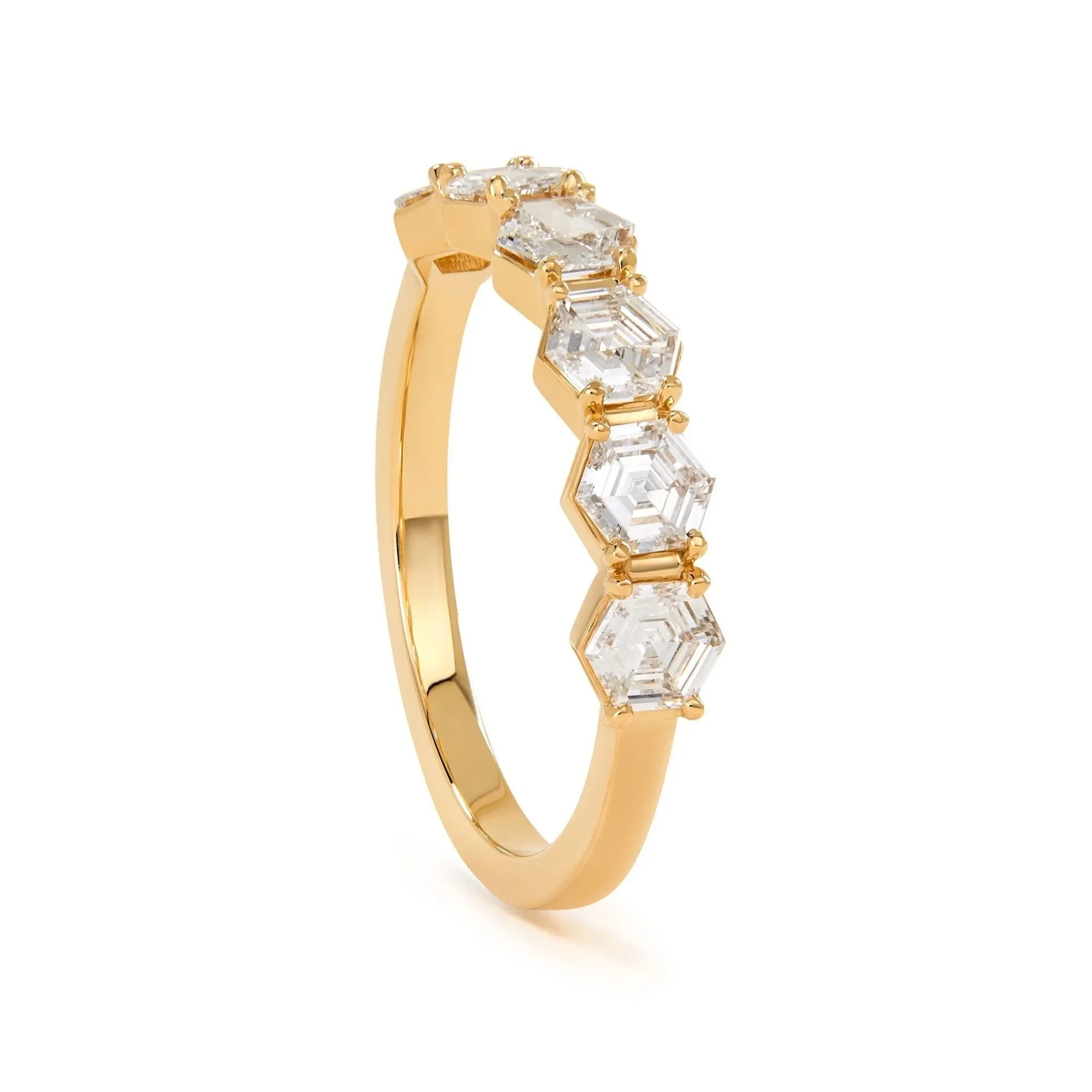 Half eternity hexagon cut diamond ring by Elliot Gaskin.