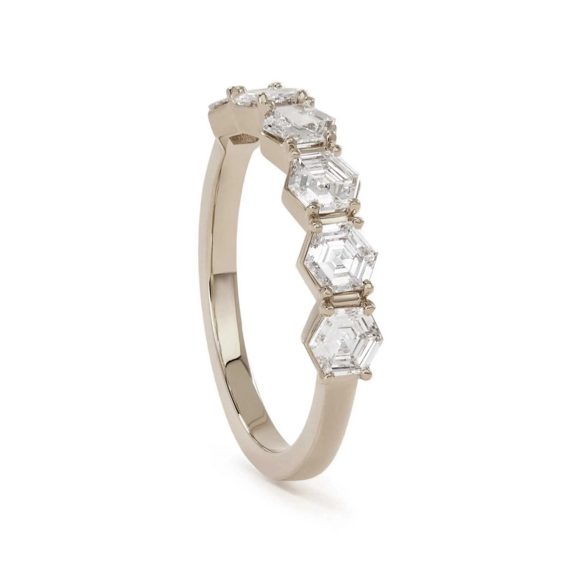 14k white gold half eternity hexagon cut diamond ring by Elliot Gaskin.