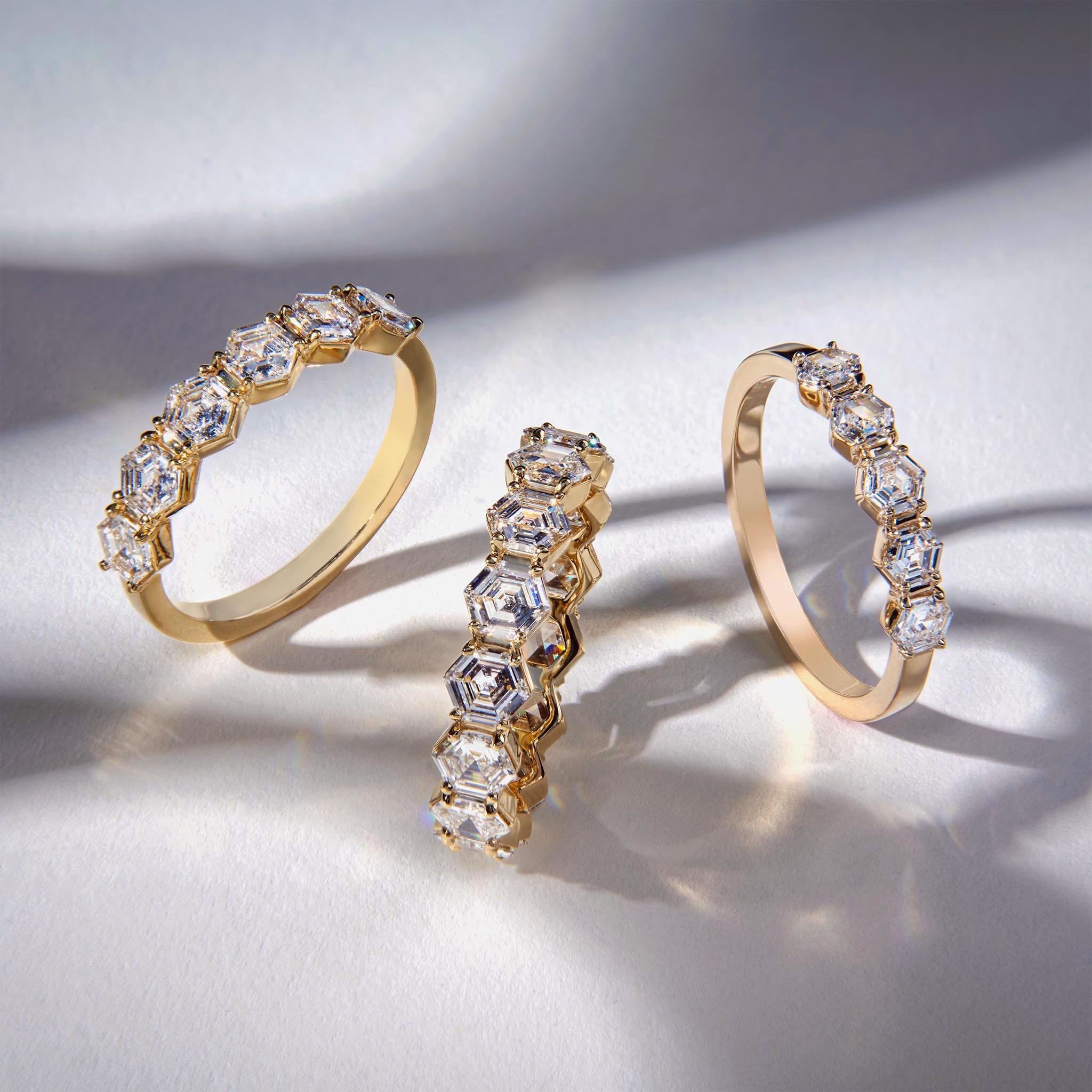 Elliot Gaskin's signature hexagon step-cut diamond eternity ring. Handmade in New York City. Available in our shop.