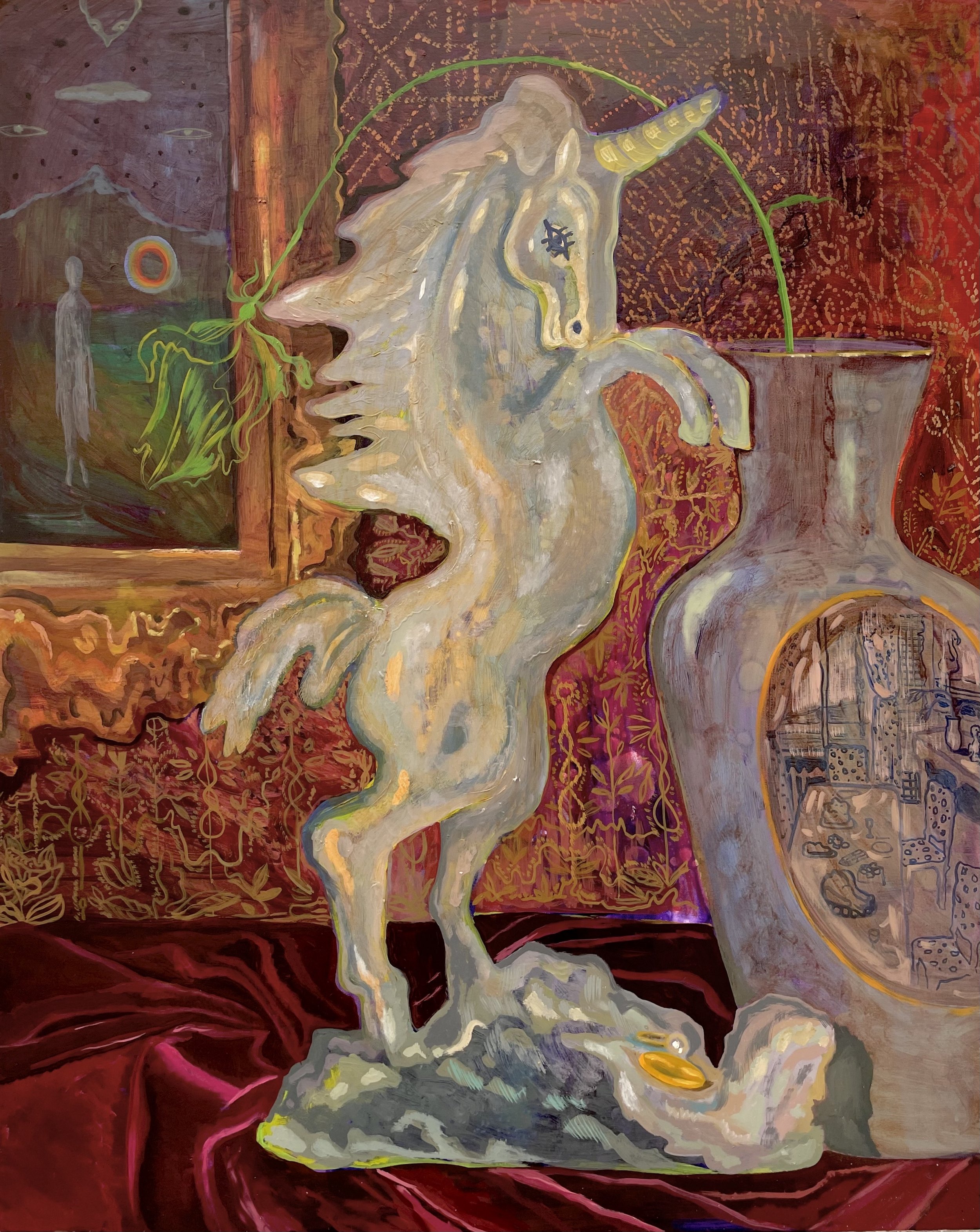Still-life with a vase on which there is very table with the painting "pink flamingo".