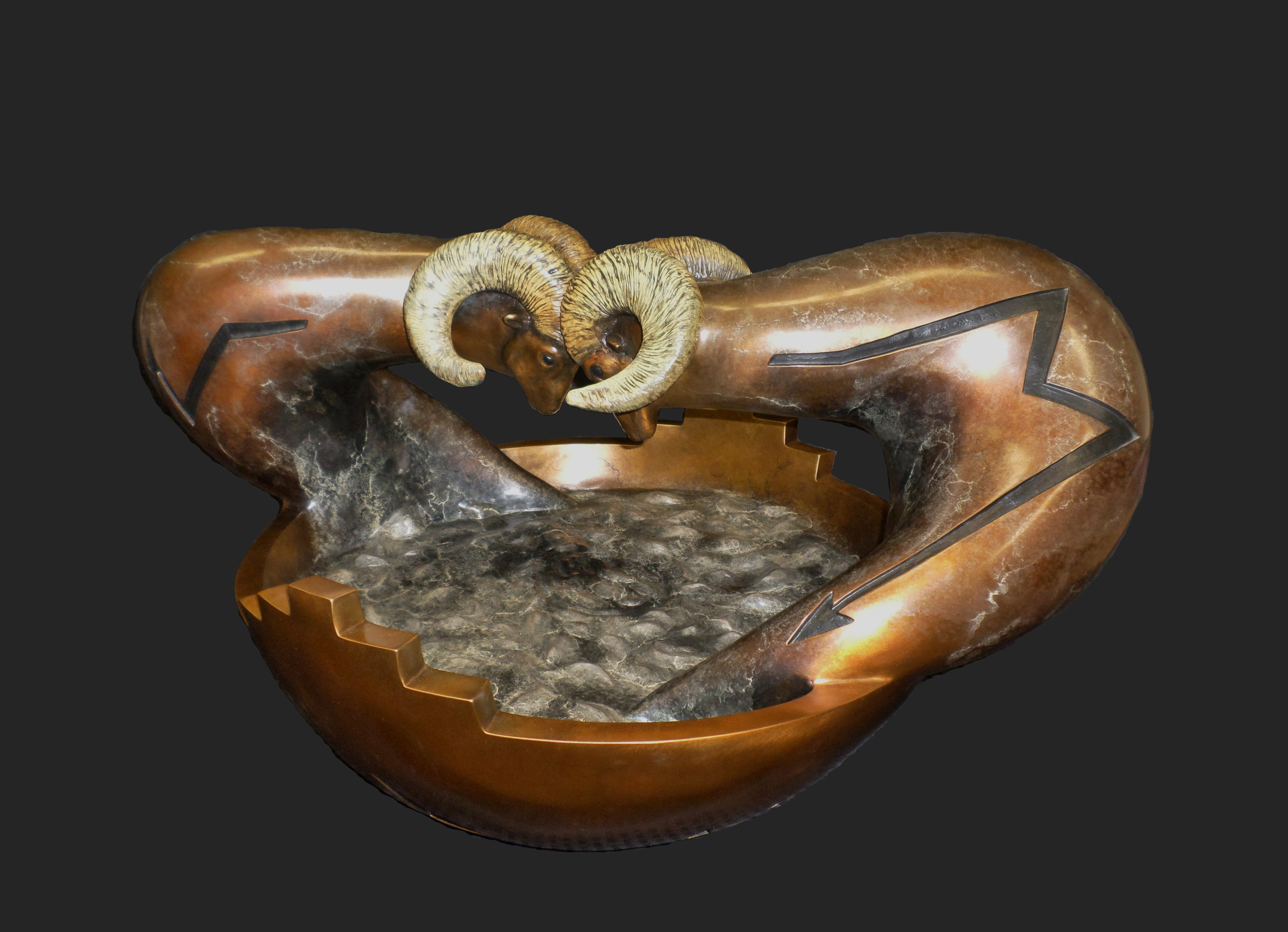 SHARE NO 1/16 AWARDED 1ST PLACE AT 2014 SANTA FE INDIAN MARKET - ABSTRACT SCULPTURE This sculpture came from my memory of a ceremonial Ram Dance. My Experience - Mindfulness and Subconscious recall. This sculpture is 32" in length, 22" in width and 18-1/2" high. PRICE No.2/12: Please Inquiry Precast Price No. 3/16 $10,500. (8 to 10 weeks Delivery)