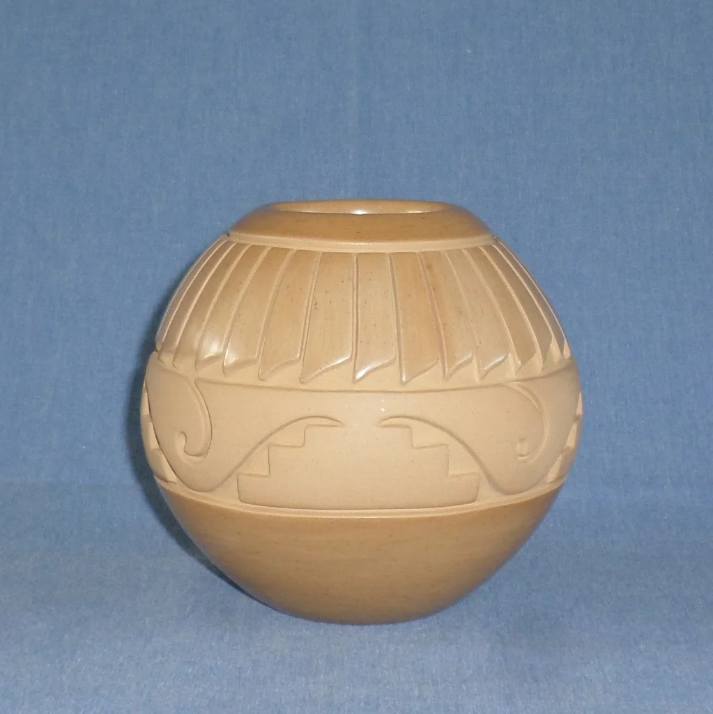 Golden Colored Bowl with Feathers, Kiva Steps and Nature Designs 5-1/8" H X 5-1/2" Dia. $1,400.