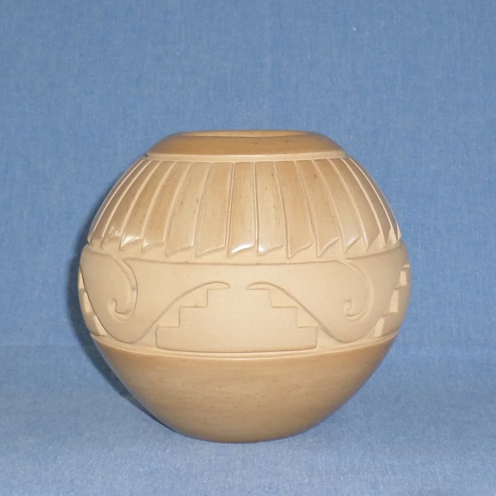 Golden Colored Bowl with Feathers, Kiva Steps and Nature Designs 5-1/8" H X 5-1/2" Dia. $1,400.