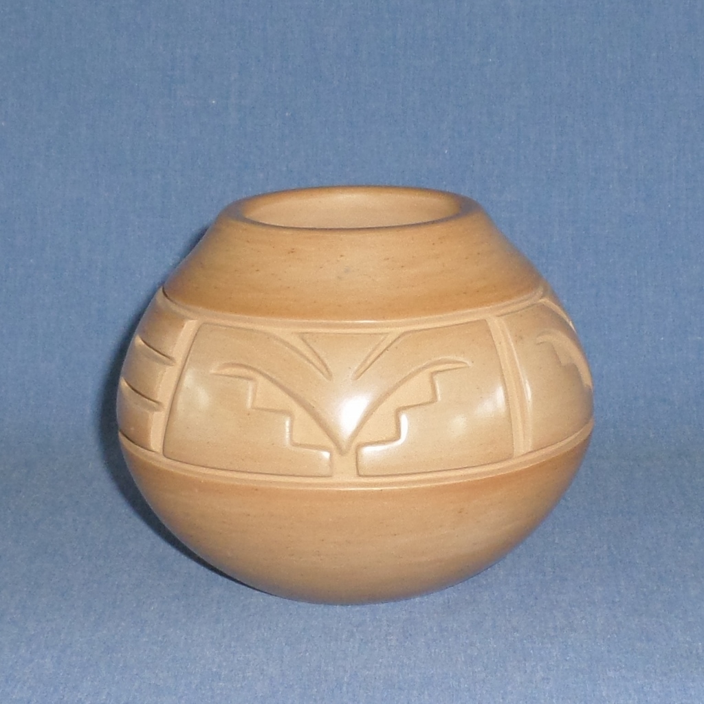 Golden Jar with Kiva Steps and Nature Designs 4-1/8" High X 5-1/8" Dia. SOLD