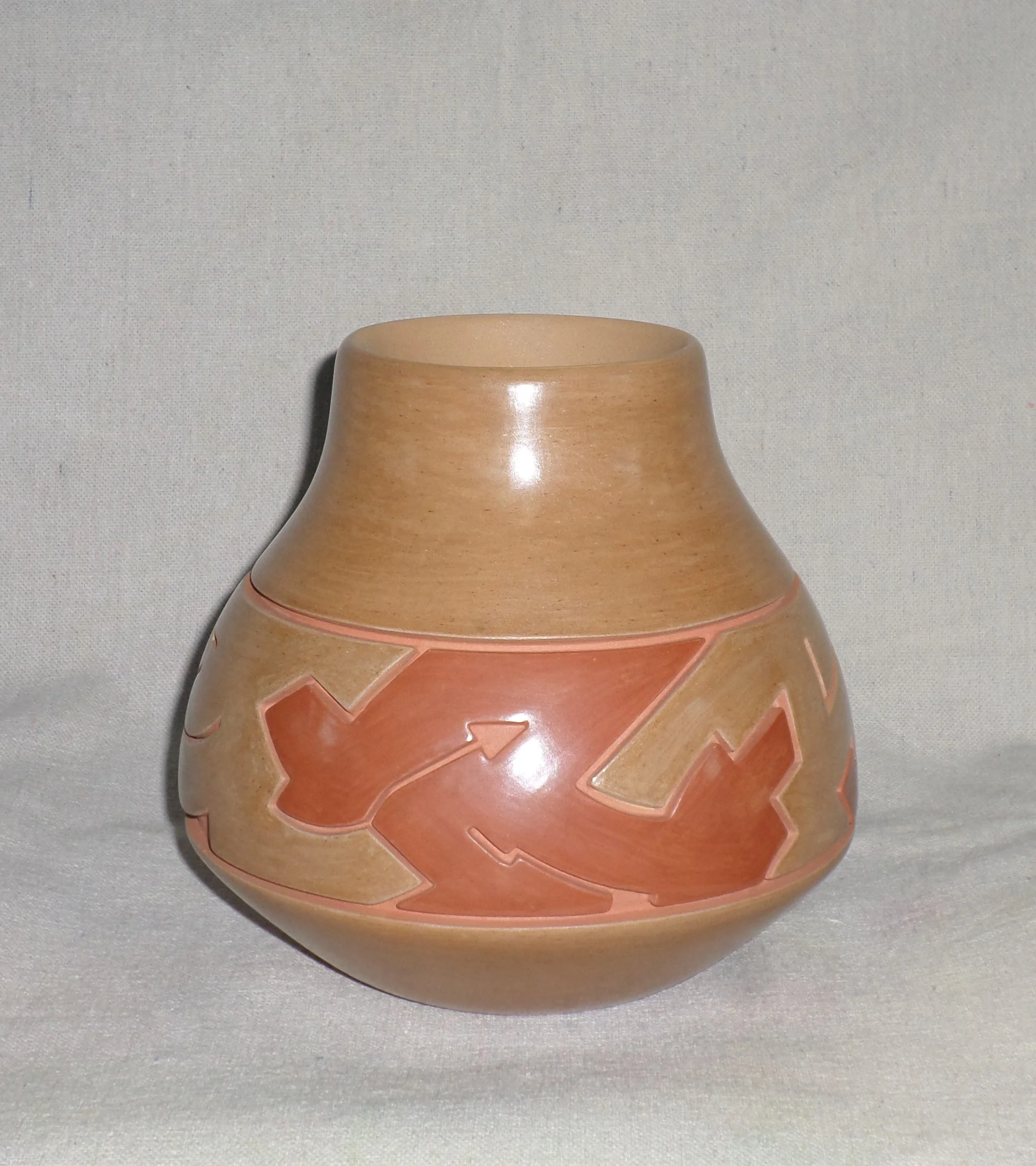 Red-on-Gold Water Jar with various Nature Designs 6-3/4"H X 7-1/4" Dia. Price: SOLD