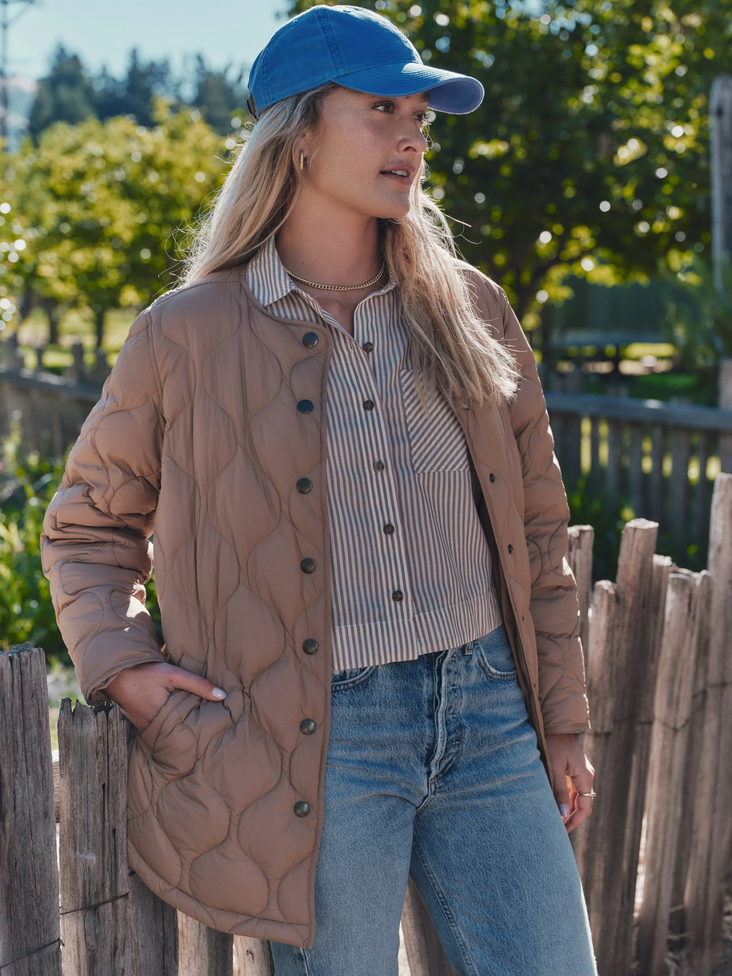 S5_F3_Checkerboard_Calista_Lightweight_Quilted_Jacket_Caramel_F1_Straight_Hem_Button_Down_Pohaku_Coconut_Stripe_554.jpeg