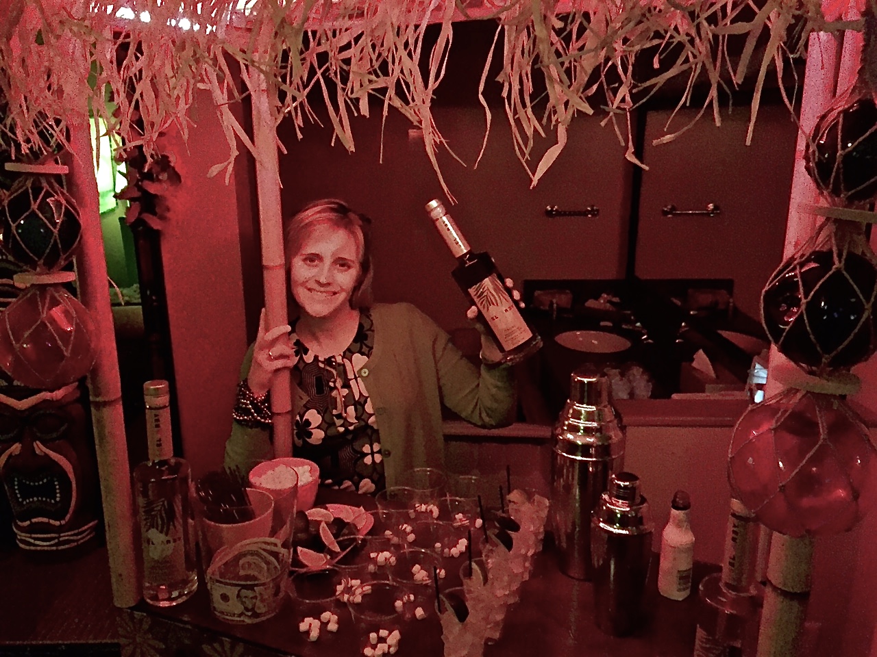 Starshine shows off a bottle of Selvarey Cocoa. Those little cups were soon filled with Rocky Rogue cocktail. Cute marshmallows 