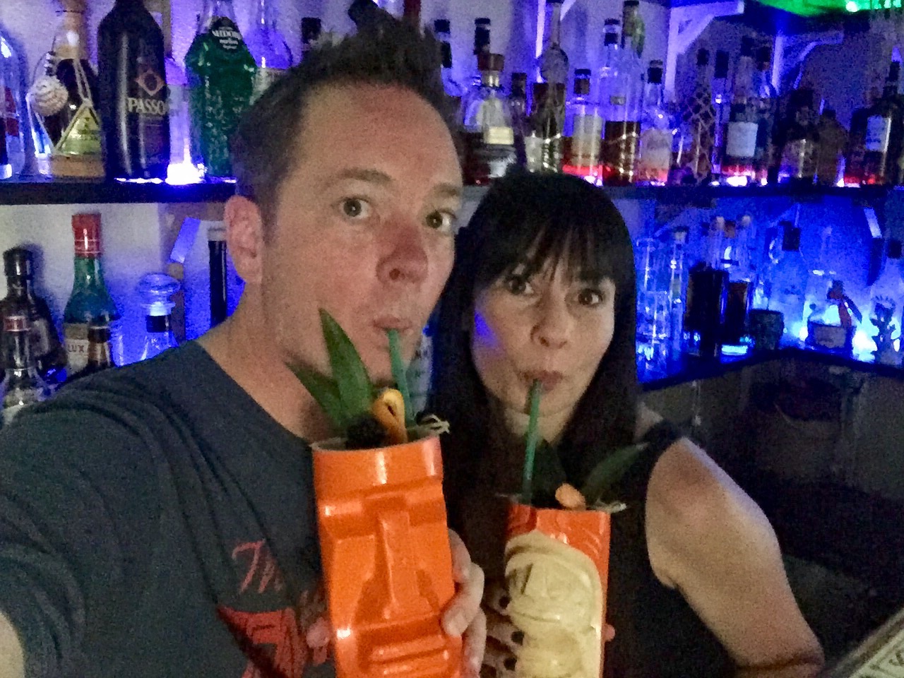 Sunshine and Pumpkin enjoy the Double Crosser from the new book by Kahuna Kevin. &nbsp;Kahuna Kevin's Tiki Cocktails Vol III