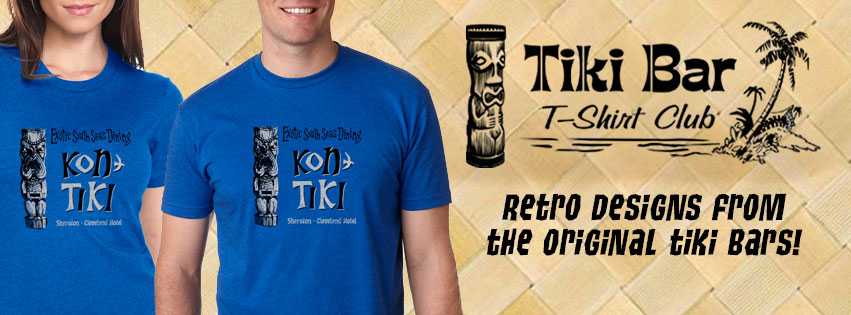 Each and every month Tiki Bar T-Shirt Club brings you a new vintage tiki bar design. Great quality shirts, soft cotton for men and women and a little tiki history with each one. Delivered right to your door. Or, give a 3, 6 or 12 month subscription as a gift. We love Tiki Bar T-Shirt Club. 