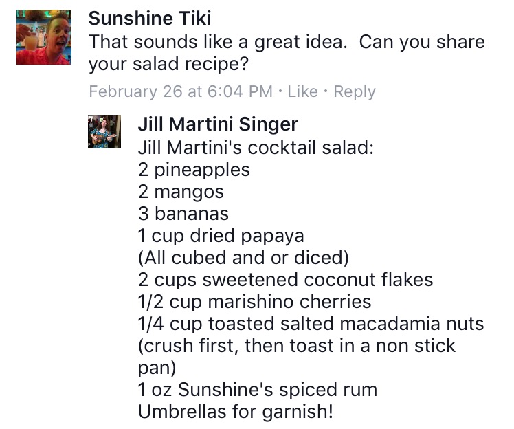 A big mahalo to Jill Martini Singer for sharing her cocktail salad recipe, after looking at the picture we bet you can't resist making this for your next gathering. 