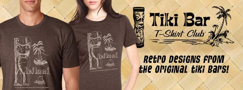 WHEN YOU AREN'T WEARING A LUAU SHIRT YOU WANT TO PUT ON A NICE TIKI T-SHIRT. TIKI BAR T-SHIRT CLUB AS A NEW DESIGN EACH AND EVERY MONTH. EVERY SHIRT IS LIKE TIKI BAR ARCHEOLOGY, TAKING US BACK TO A BAR OR RESTAURANT THAT HAS LONG SINCE CLOSED BUT CAN LIVE IN OUR MEMORIES. SUBSCRIBE AND GET A NEW SHIRT EVERY MONTH OR BUY JUST THE ONES YOU WANT. 