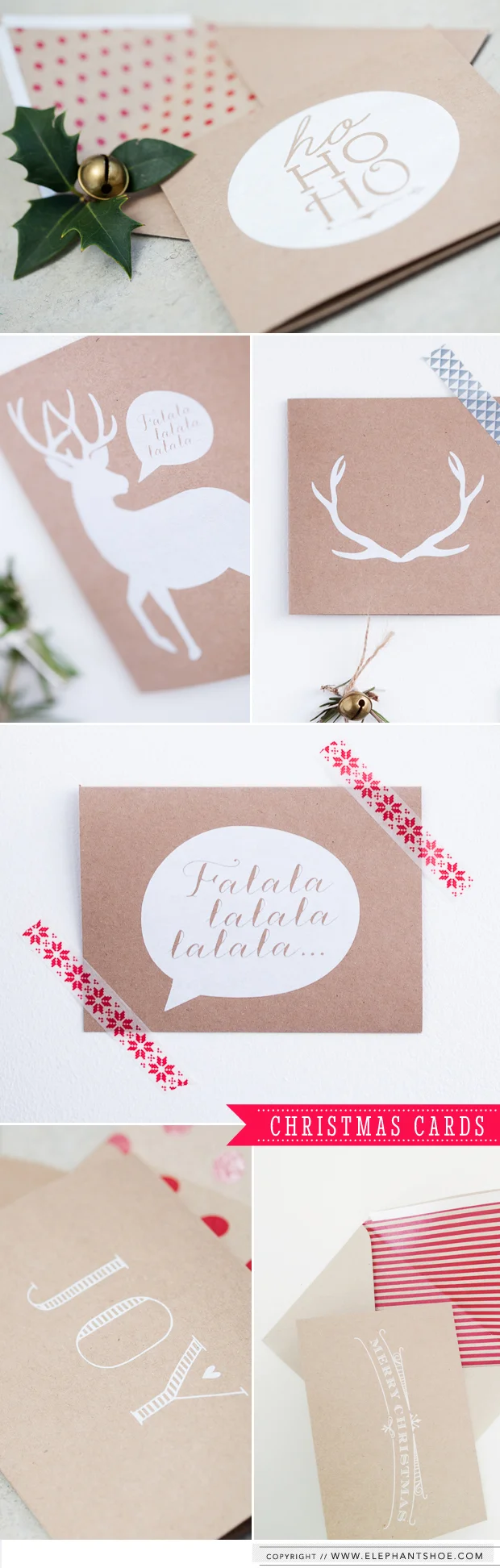 Our Kraft Christmas cards were hand screen printed here at the Elephantshoe Studio and they were accompanied with an envelope. We included a variety of envelope styles e.g grey or red large spots printed on the outside of the envelope, red or grey striped printed as a liner on the inside of the envelope. 