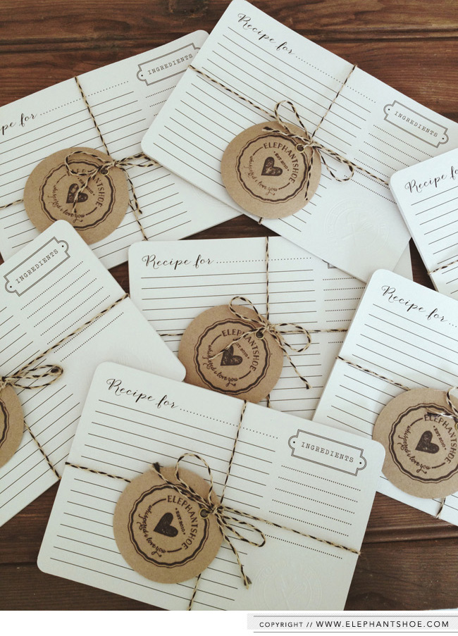 Recipe card packs with 6 x A5 round corner cards and a "FROM MY KITCHEN, MADE WITH LOVE" embossed seal in the right corner of each card. These are coming to the Elephantshoe shoppe soon. 