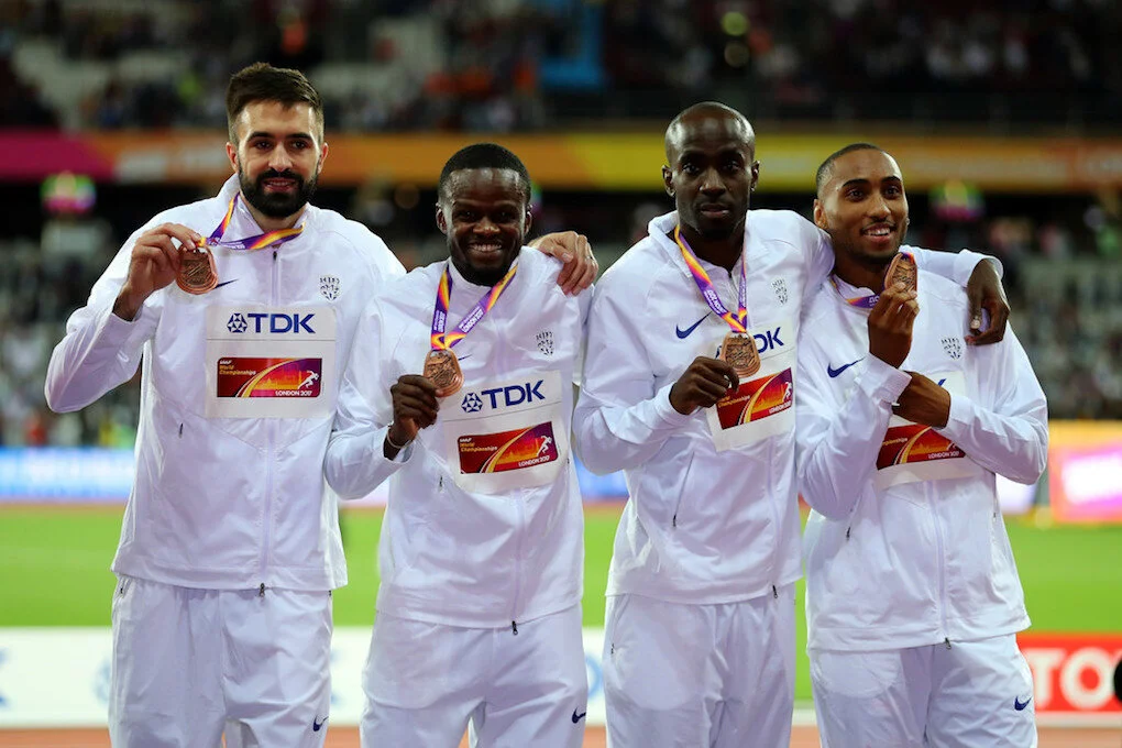 Matthew Hudson-Smith, Dwayne Cowan, Rabah Yousif and Martyn Rooney pose with their bronze medals for the 4x400 Metres Relay at the 16th IAAF World Athletics Championships London 2017 on August 13, 2017. Source: Richard Heathcote/Getty Images.