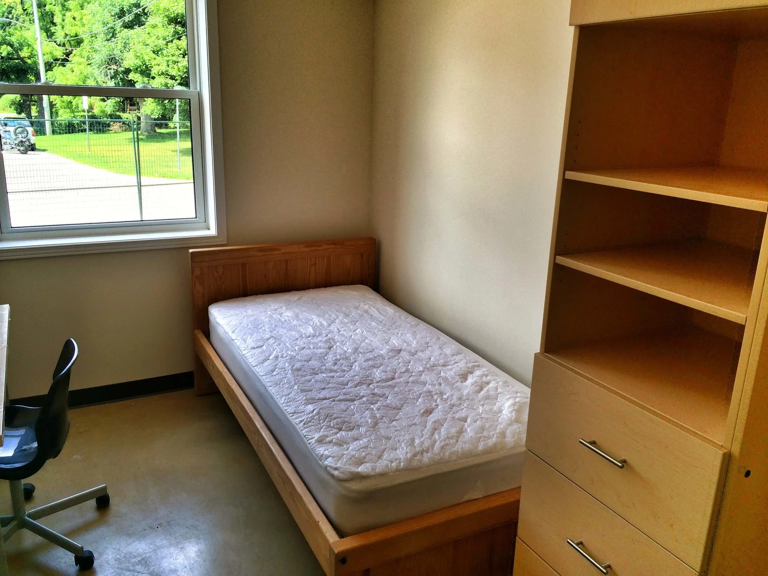 a solid bed & mattress, desk, chair, wardrobe and window blind provided in each room.