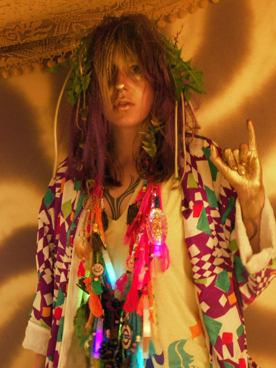 Salvation, A Way for Ruin "Other Me" Self-Portrait Digital photograph 2008 Performance attire: Glow sticks and yarn chain necklace, "Lifer" t-shirt, gold spray paint, various weeds and flowers
