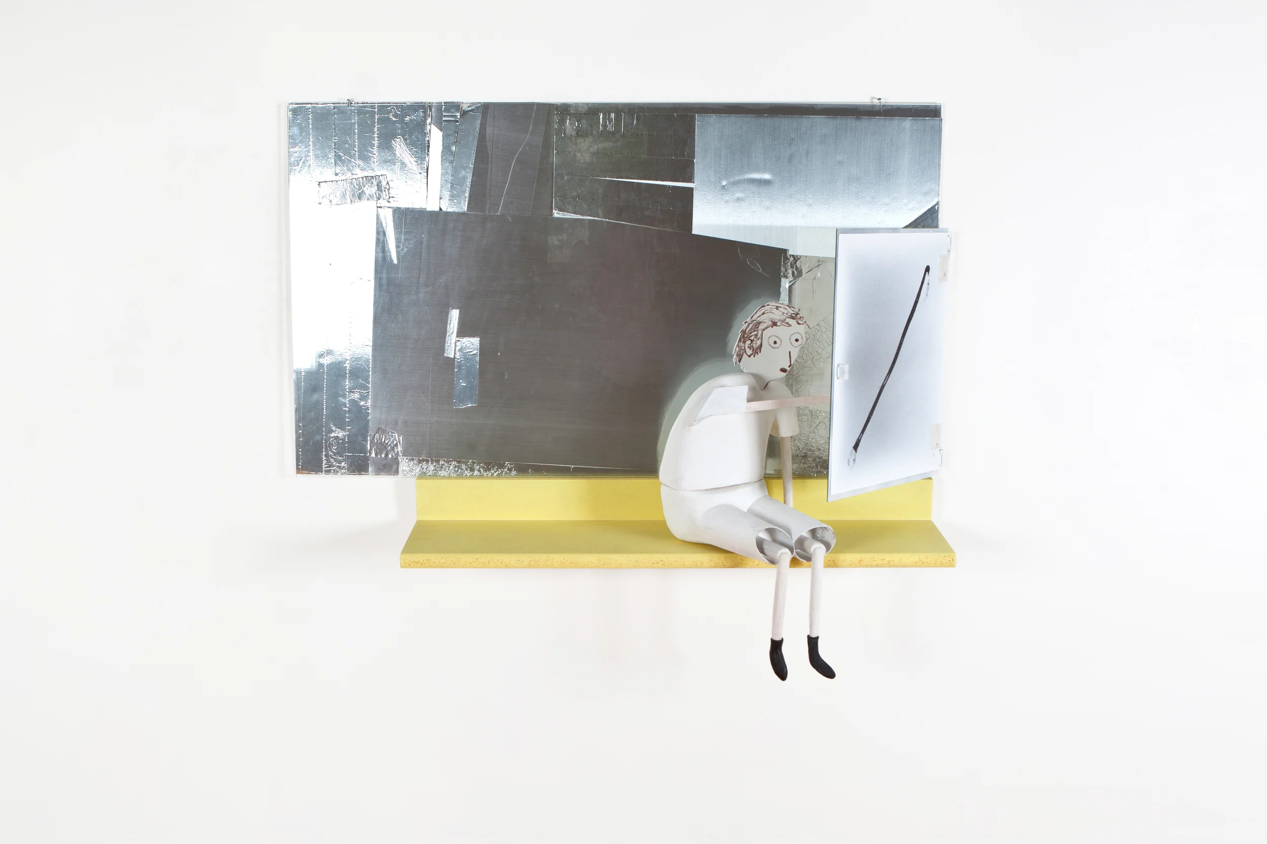 The World Is Flat, The World Is Not Flat Sculpture 2013 4' x 5' x 16" Plaster, particle board, plywood, flashing, cast rubber, mirror, glass, gesso, ballpoint pen. The World Is Flat The World Is Not Flat is this small person trying to figure out if it is or isn ’t flat, and I like to think back about my child-mind reaction to that fairy tale (Humpty Dumpty). That story is not about someone that tripped and fell. Humpty Dumpty was seated, as this figure is. I always imagined he just felt like “let’s see what happens if I jump” -- to find out if it is or isn’t. The World Is Flat The World Is Not Flat has a similar tension, of preceding an irrecocable event. The moment right before it can’t be undone, can’t be put back, and the kind of shrug I get from a number of the figures in this show as if they are thinking “Well, might as well try....” - Susan Scarlata
