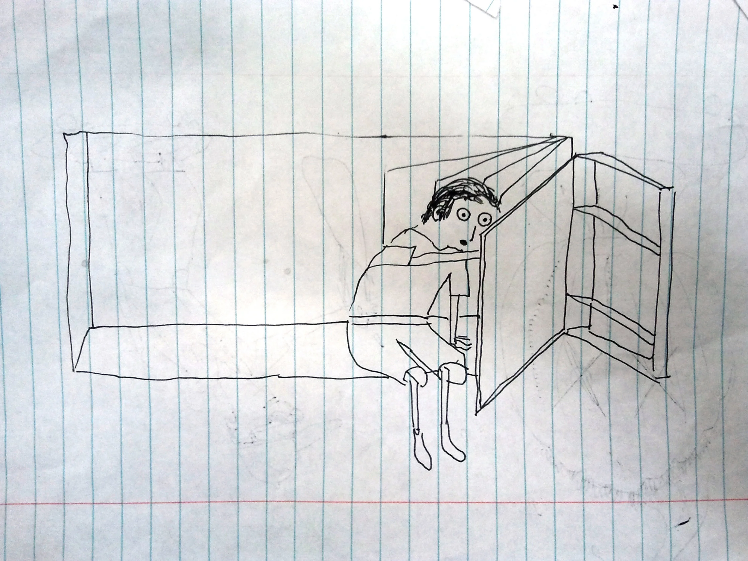 The World Is Flat, The World Is Not Flat By Kat Hodges Drawing 2013 8" x 11" Ballpoint pen on lined paper. Kat made a sketch, a napkin drawing, really, of a memory she had from childhood of seeing her reflection made infinitely between two mirrors while sitting on her bathroom counter. She made a diagram of this experience, the visual disruption between flat and depth, it was a quick description of a spatial conflict and an existential conundrum.