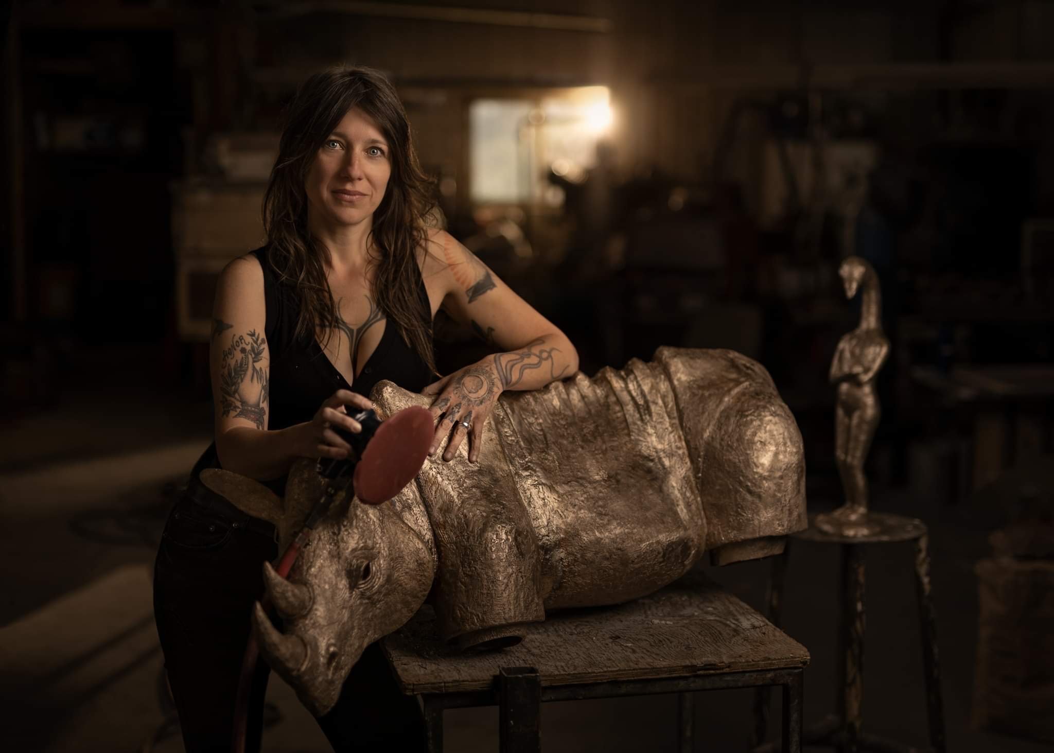  I’m at Castaway Foundry with my freshly cast bronze rhino head and torso. Big thanks to Jim Wilson!  Photo by Wayne Simpson. 