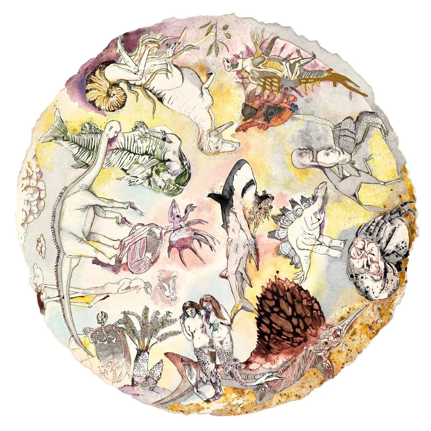   Roundelay of Existence &nbsp; &nbsp; &nbsp; &nbsp; &nbsp; 2025  36" x 36"&nbsp;  Ink, pencil and watercolour on rag paper. 