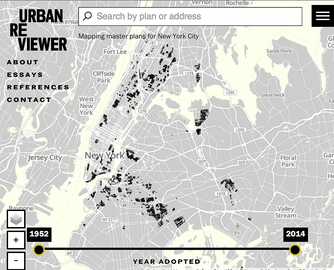 Above is the home page of the Urban Reviewer website. New York City blocks impacted by urban renewal are in bold. The site has references, essays, and an “about” section that situates the work within a larger context. Source: www.urbanreviewer.org