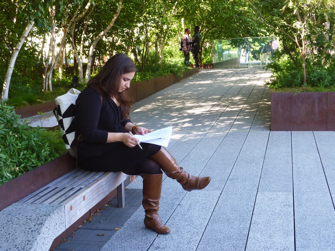 Workers from surrounding office buildings come to work, meet and have lunch on the High Line, included this secluded spot at the south end. Source: Aseem Inam.