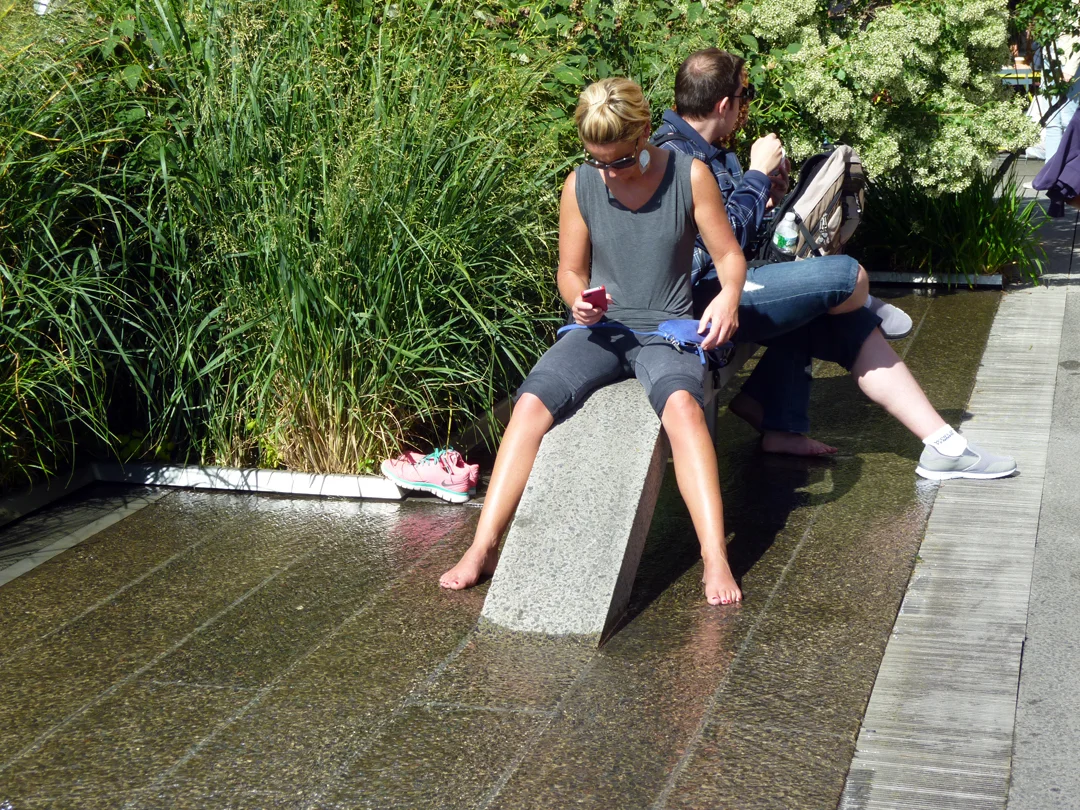 People enjoy the details of the High Line, including specially designed benches, water features, paving patterns inspired by the former train tracks and a palette of landscapes. Source: Aseem Inam.