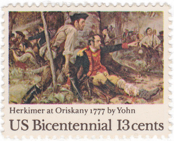 A wounded Nicholas Herkimer commanding Patriot forces at Oriskany
