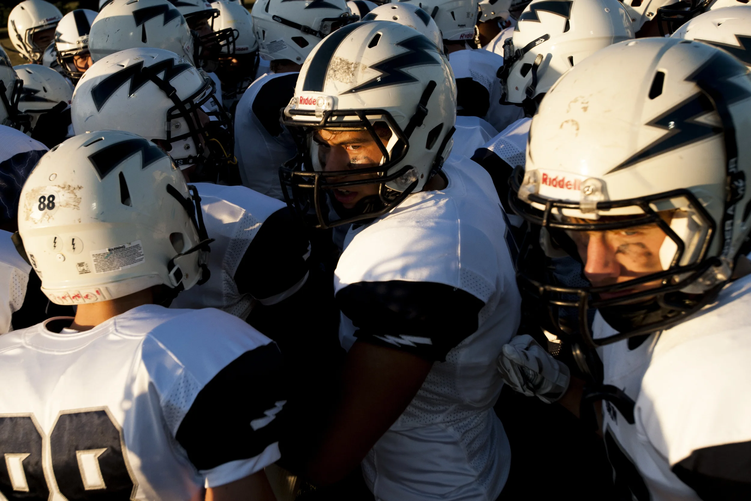 Squalicum players break from a pregame huddle before a game against Meridian on Friday, Sept. 12, in Laurel.&nbsp; 