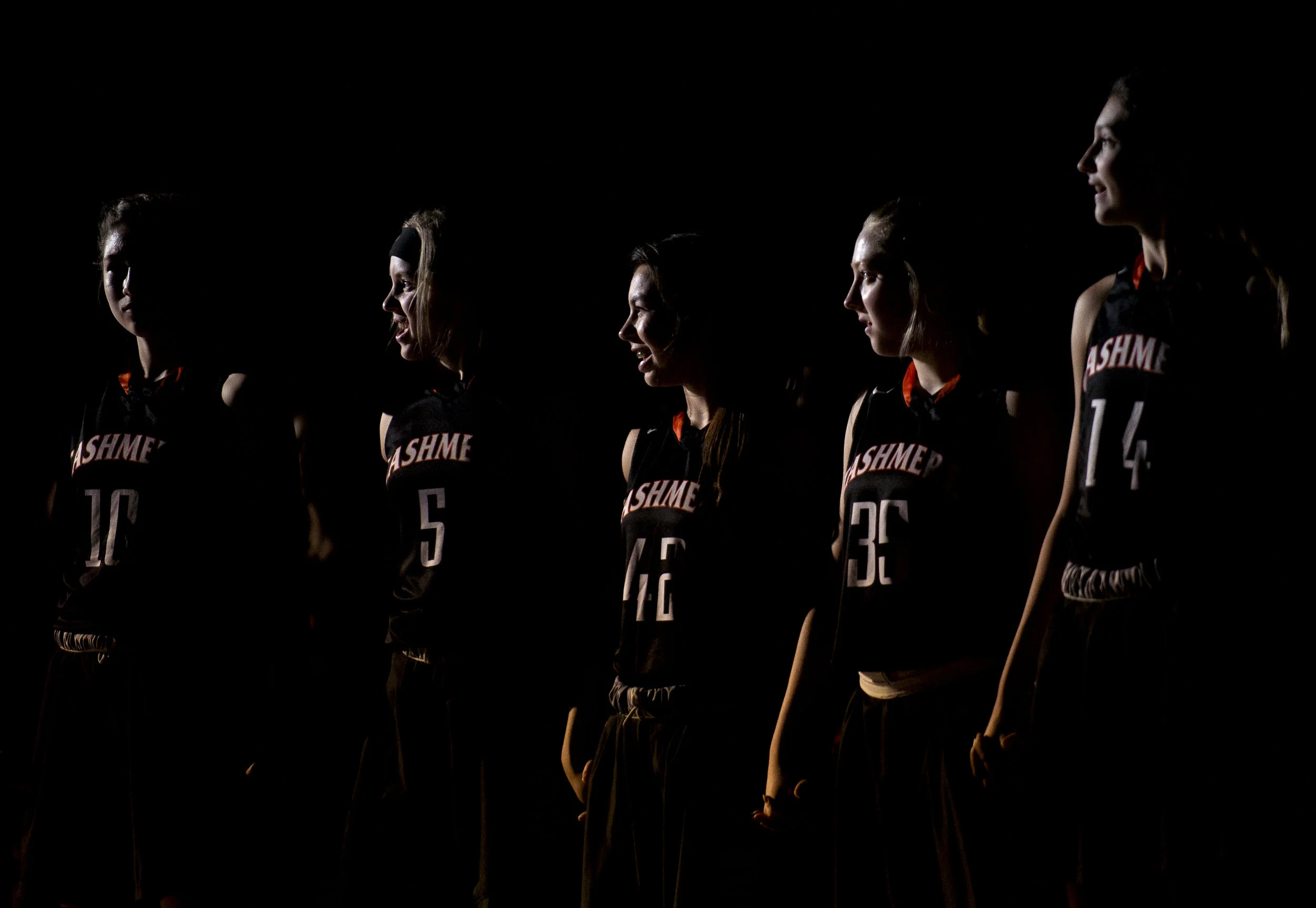  Cashmere basketball players, from left to right, Jade Jaspers, Hailey Van Lith, Chloe Diaz, Ali Ball and Grace Erdmann are pictured during team introductions before the start of the 1A girls’ state championship game on Saturday, March 4, at the Yaki