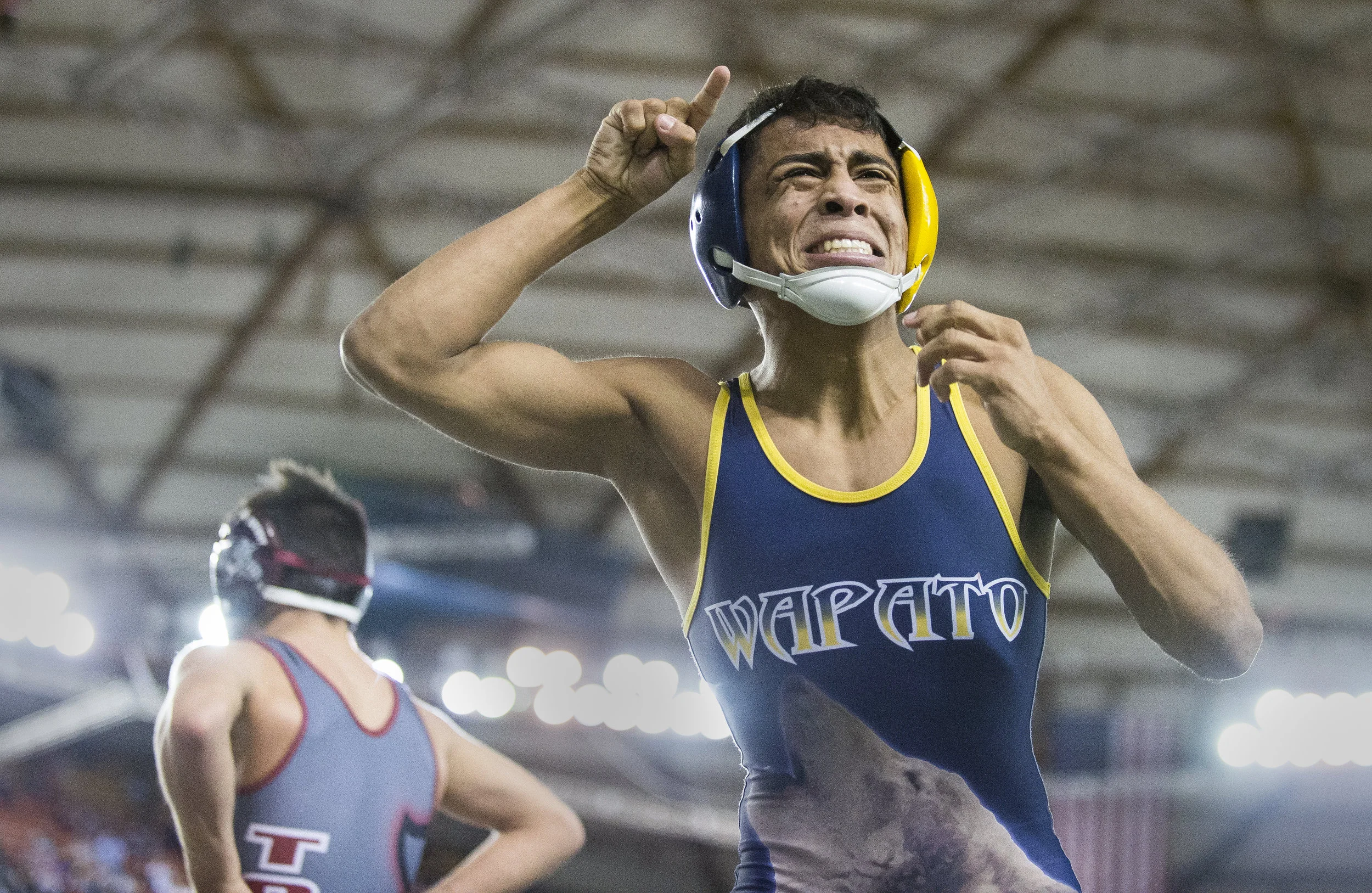  Wapato's Sergy Salas celebrates winning the 2A 113-pound state championship over Toppenish's Haiden Drury at Mat Classic XXIX on Saturday, Feb. 18, at the Tacoma Dome. 