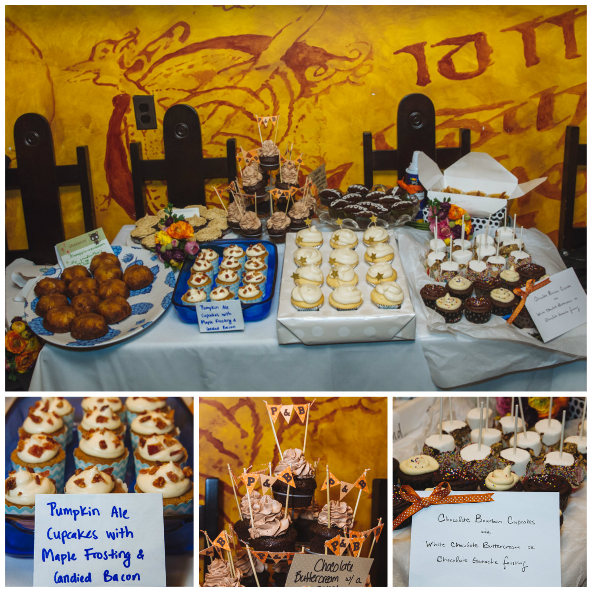 For the reception, the bride and groom asked their friends to bring a dozen cupcakes of their own choosing to share with all. Many had the couple in mind when choosing bourbon, pumpkin, and bacon influences.