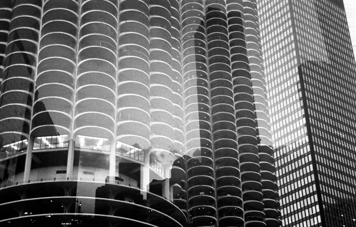 Marina Towers + skyline double exposure Ilford HP5+