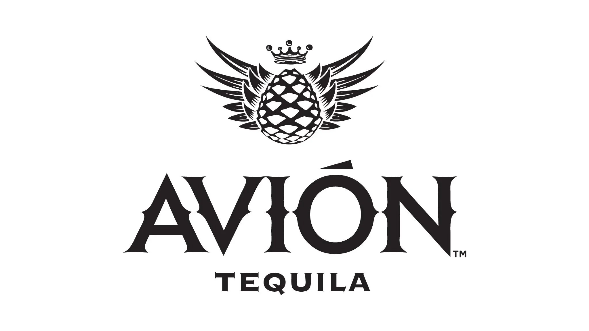 Black and white logo featuring a pineapple with wings and a crown above it, above the bold text 'AVIÓN' and the smaller word 'TEQUILA' underneath.