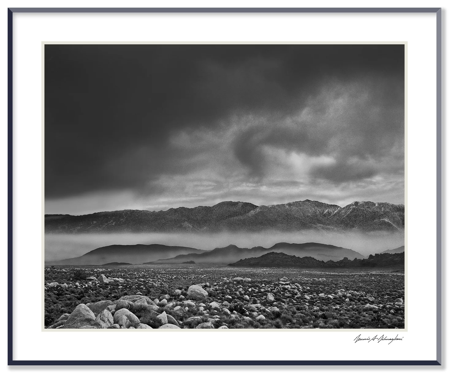 Storm – Looking toward Inyo Range - Owens Valley, Near Lone Pine, California This portion of the Owens Valley, is an awesome sight. Millions of boulders from the formation of the Sierra range are strewn over thousands of acres. Clouds developed rapidly preceding an impending storm, while fog drifted thru the valley.