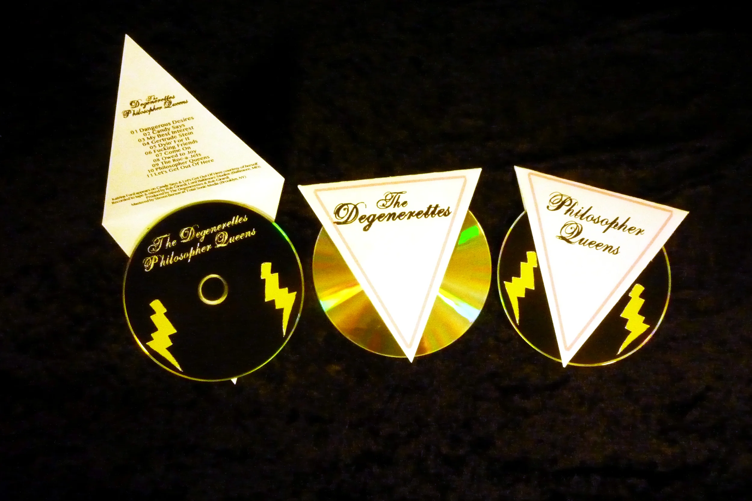 The Degenerettes Philosopher Queens , hand-printed and cut CD covers.
