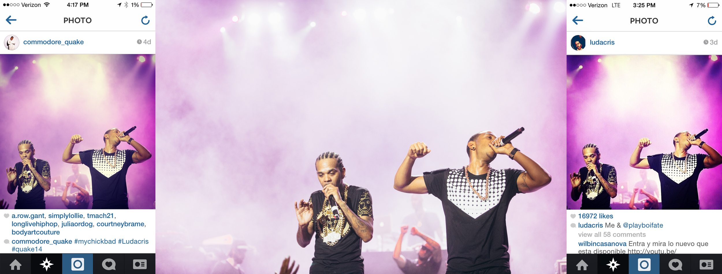 Left, Original post via the @commodore_quake. Middle, My final edit of the photo. Right, Ludacris' post